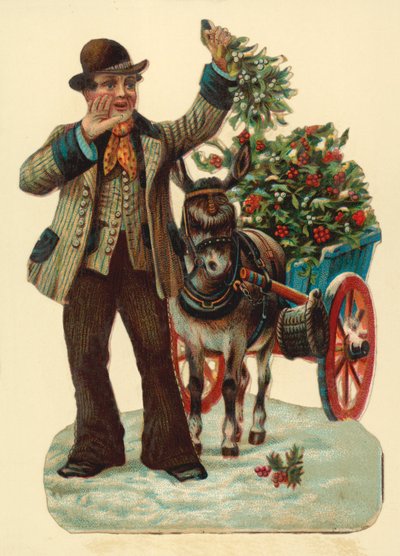 Man Selling Holly and Mistletoe from a Donkey Cart by English School